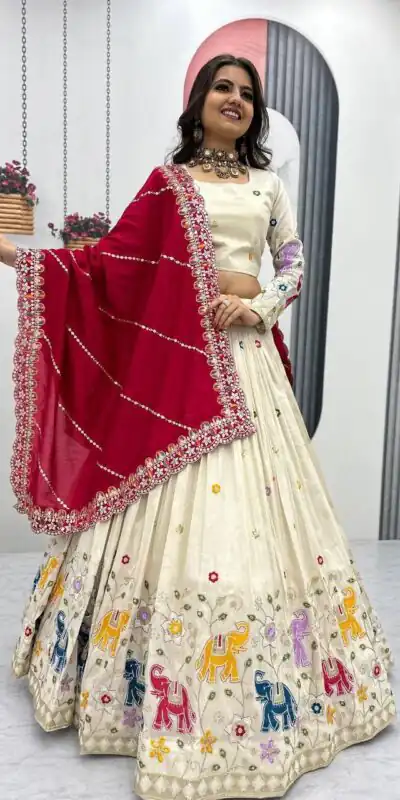 Red Tissue Silk Cut Lace Work Lehenga Choli