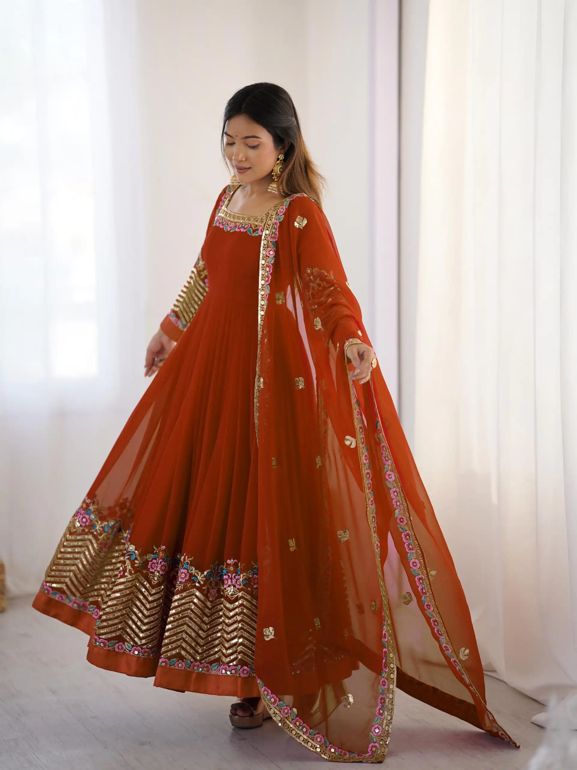 ZF 5010 Rust Georgette Gown Perfect for Wedding, Party, Pooja, Ethnic Day, Karwa Chauth – . Best Price ₹2049. Delivery 4-6 Working Days. Shop now. | Jump Suits, Salwar suit, Designer Suits, Casual Suits, Creative suits, Palazzo Suits, Party Wear Suits, Patiala Suits, Straight Suits