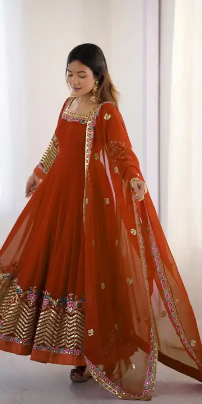 ZF 5010 Rust Georgette Gown Perfect for Wedding, Party, Pooja, Ethnic Day, Karwa Chauth – . Best Price ₹2049. Delivery 4-6 Working Days. Shop now. | Jump Suits, Salwar suit, Designer Suits, Casual Suits, Creative suits, Palazzo Suits, Party Wear Suits, Patiala Suits, Straight Suits