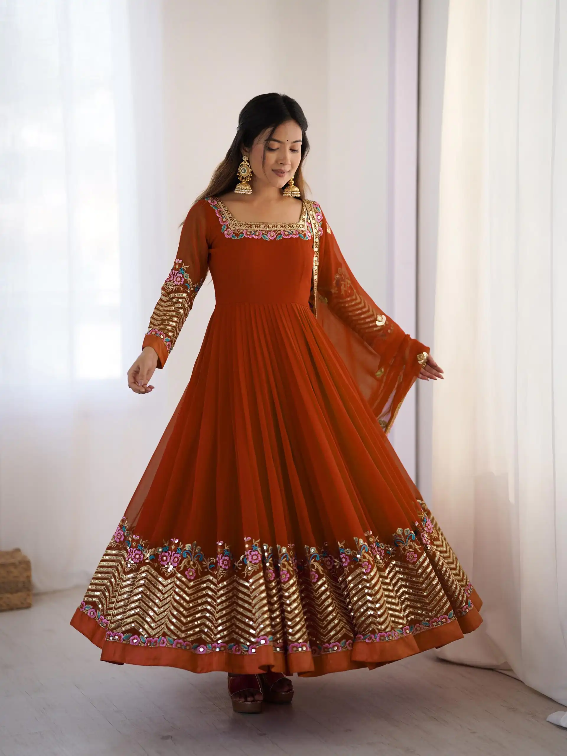 ZF 5010 Rust Georgette Gown Perfect for Wedding, Party, Pooja, Ethnic Day, Karwa Chauth – . Best Price ₹2049. Delivery 4-6 Working Days. Shop now. | Jump Suits, Salwar suit, Designer Suits, Casual Suits, Creative suits, Palazzo Suits, Party Wear Suits, Patiala Suits, Straight Suits