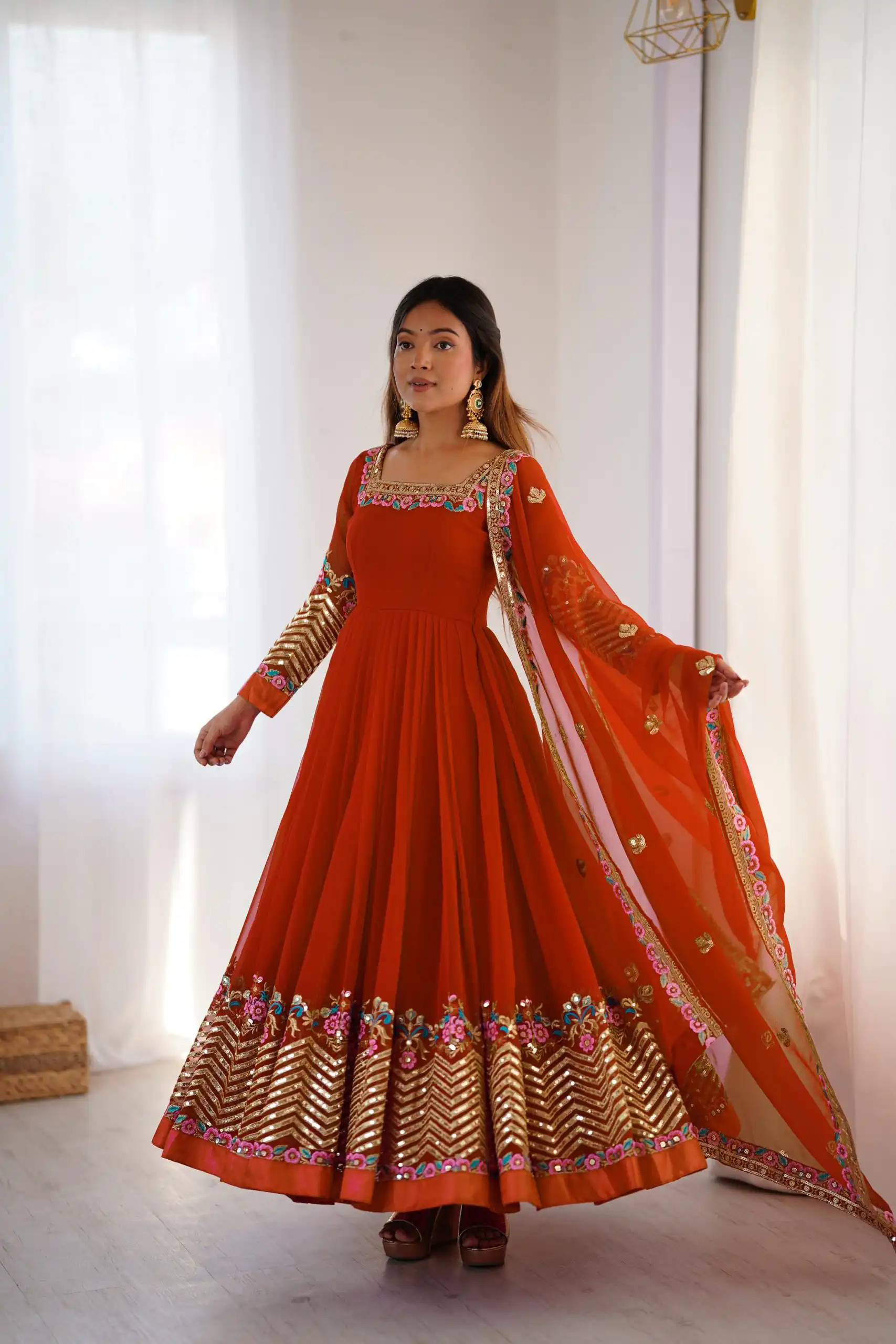 ZF 5010 Rust Georgette Gown Perfect for Wedding, Party, Pooja, Ethnic Day, Karwa Chauth – . Best Price ₹2049. Delivery 4-6 Working Days. Shop now. | Jump Suits, Salwar suit, Designer Suits, Casual Suits, Creative suits, Palazzo Suits, Party Wear Suits, Patiala Suits, Straight Suits