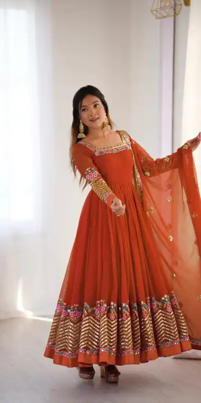 ZF 5010 Rust Georgette Gown Perfect for Wedding, Party, Pooja, Ethnic Day, Karwa Chauth – . Best Price ₹2049. Delivery 4-6 Working Days. Shop now. | Jump Suits, Salwar suit, Designer Suits, Casual Suits, Creative suits, Palazzo Suits, Party Wear Suits, Patiala Suits, Straight Suits