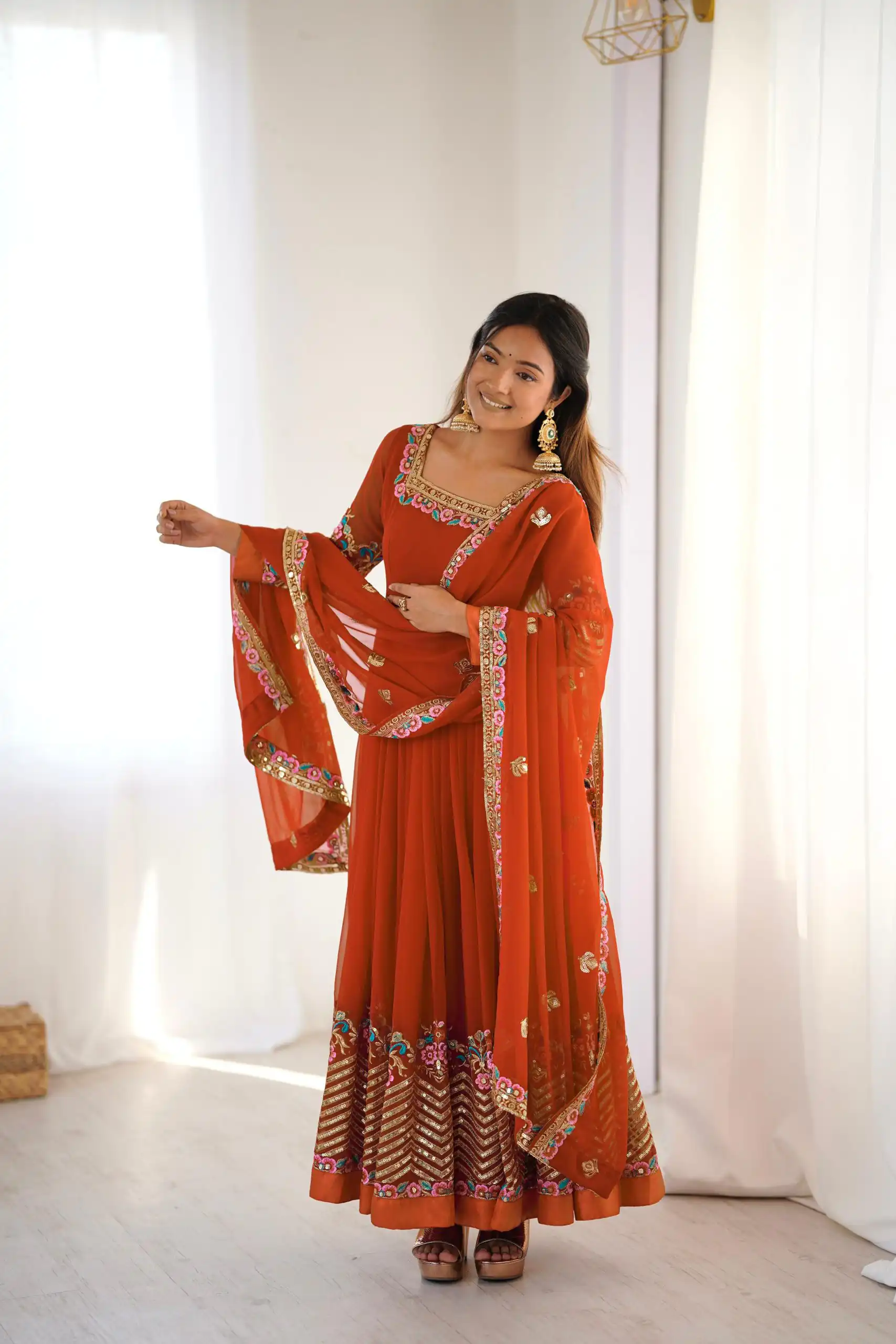 ZF 5010 Rust Georgette Gown Perfect for Wedding, Party, Pooja, Ethnic Day, Karwa Chauth – . Best Price ₹2049. Delivery 4-6 Working Days. Shop now. | Jump Suits, Salwar suit, Designer Suits, Casual Suits, Creative suits, Palazzo Suits, Party Wear Suits, Patiala Suits, Straight Suits