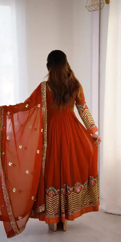 ZF 5010 Rust Georgette Gown Perfect for Wedding, Party, Pooja, Ethnic Day, Karwa Chauth – . Best Price ₹2049. Delivery 4-6 Working Days. Shop now. | Jump Suits, Salwar suit, Designer Suits, Casual Suits, Creative suits, Palazzo Suits, Party Wear Suits, Patiala Suits, Straight Suits
