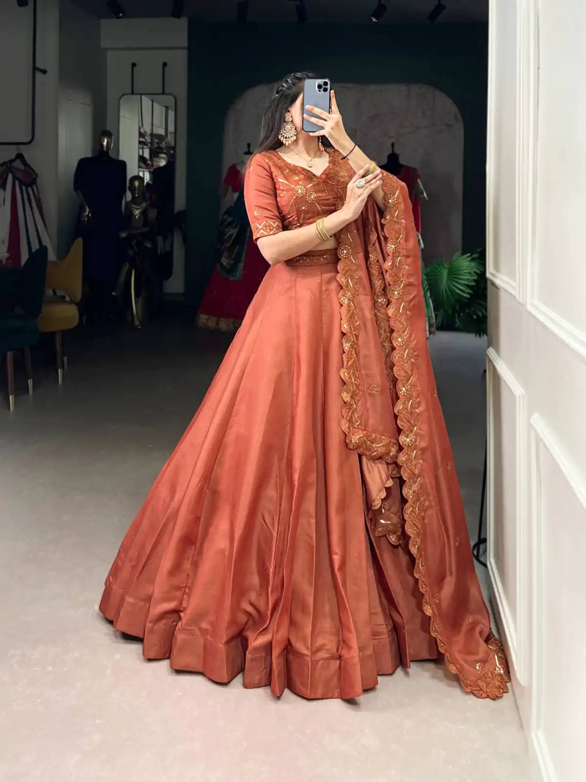 LNB 1441 Rust Korean Pure Tussar With Embroidery Work & Sequins Work Lehenga Choli. Festive Deal ₹3199. Delivery 4-6 Working Days. Shop now. | Lehenga, Bollywood Lehenga, Creative Lehenga, Designer Lehenga, Embroidered Lehenga, Party Wear Lehenga