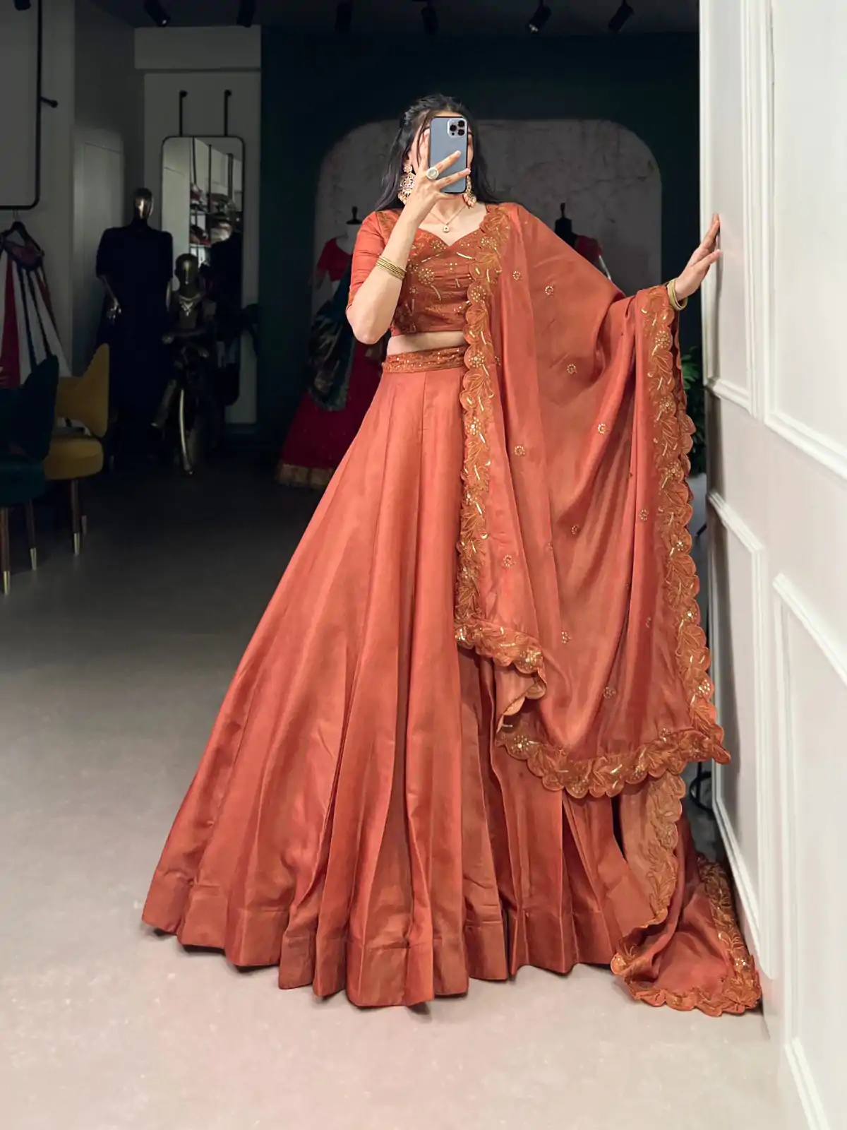 LNB 1441 Rust Korean Pure Tussar With Embroidery Work & Sequins Work Lehenga Choli. Festive Deal ₹3199. Delivery 4-6 Working Days. Shop now. | Lehenga, Bollywood Lehenga, Creative Lehenga, Designer Lehenga, Embroidered Lehenga, Party Wear Lehenga