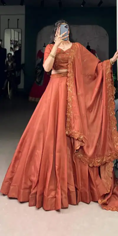 LNB 1441 Rust Korean Pure Tussar With Embroidery Work & Sequins Work Lehenga Choli. Festive Deal ₹3199. Delivery 4-6 Working Days. Shop now. | Lehenga, Bollywood Lehenga, Creative Lehenga, Designer Lehenga, Embroidered Lehenga, Party Wear Lehenga