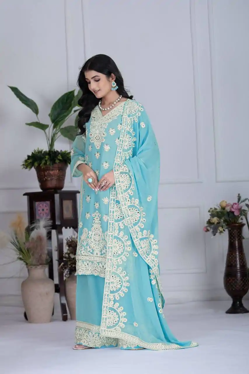 KF 1688 Sky Blue Faux Georgette with Embroidery Work & Mirror Work Salwar Suit . Exclusive Offer ₹2099. Delivery 4-6 Working Days. Shop now. | Jump Suits, Salwar suit, Designer Suits, Casual Suits, Creative suits, Palazzo Suits, Party Wear Suits, Patiala Suits, Straight Suits