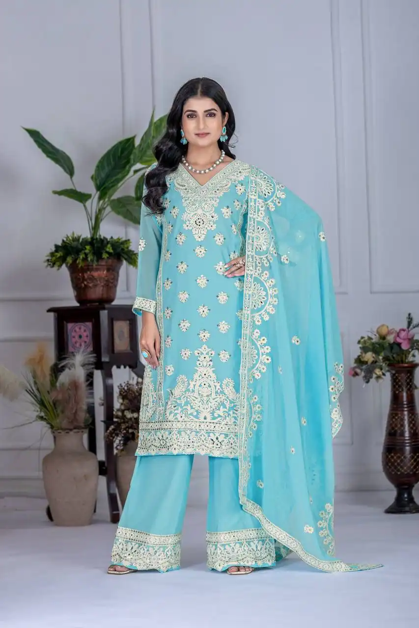 KF 1688 Sky Blue Faux Georgette with Embroidery Work & Mirror Work Salwar Suit . Exclusive Offer ₹2099. Delivery 4-6 Working Days. Shop now. | Jump Suits, Salwar suit, Designer Suits, Casual Suits, Creative suits, Palazzo Suits, Party Wear Suits, Patiala Suits, Straight Suits