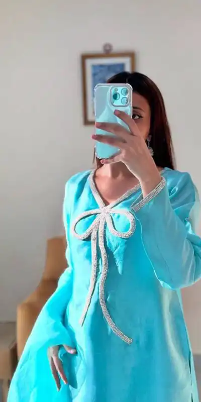 Sky Blue French Crape Bead Work Salwar Suit