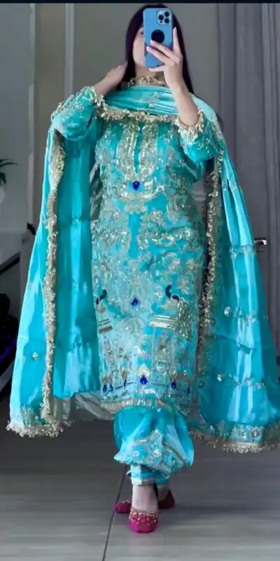 Sky Blue Natural Crep Embroidery Work Salwar Suit