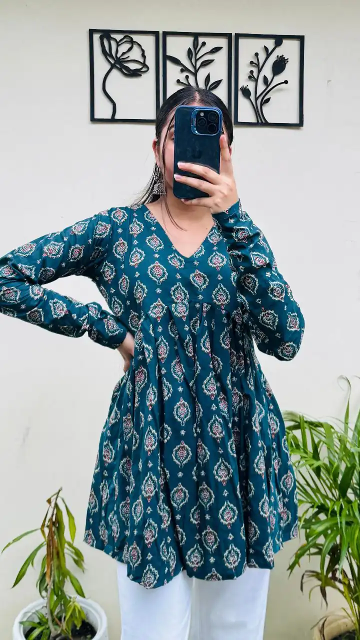 INLI Plume Teal Color Cotton with Designer Printed Work Kurti . Wedding, Party, Festive, Events, Best Price ₹1299. Delivery 4-6 Working Days. Shop now. | Kurti, Bollywood Kurti, Creative Kurtis, Designer Kurti, Party Wear Kurti, Selfie Kurti