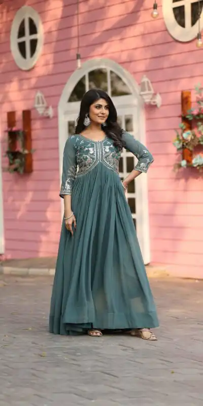 Ram 089 Teal Fox Georgette Gown with Designer Work. Wedding, Party, Festive, Events Introductory Price ₹1749. Delivery 4-6 Working Days. Shop now. | Jump Suits, Salwar suit, Designer Suits, Casual Suits, Creative suits, Palazzo Suits, Party Wear Suits, Patiala Suits, Straight Suits
