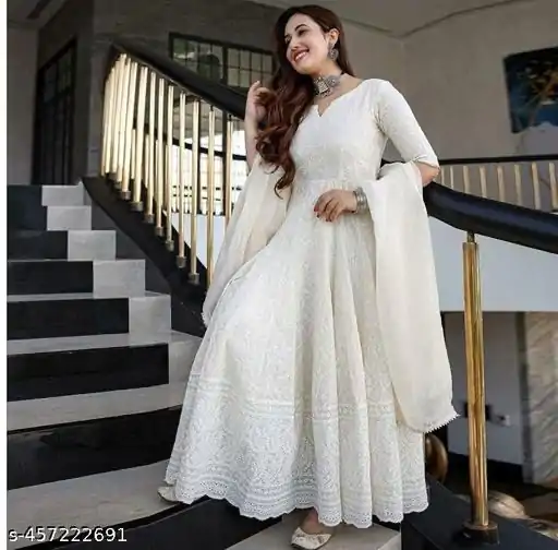 MF 511 White Cotton with Lace Work Gown . Wedding, Party, Festive, Events, Affordable Price ₹1549. Delivery 4-6 Working Days. Shop now. | Gowns, Bollywood Gowns, Creative Gowns, Designer Gowns, Embroidered Gowns, Party Wear Gowns