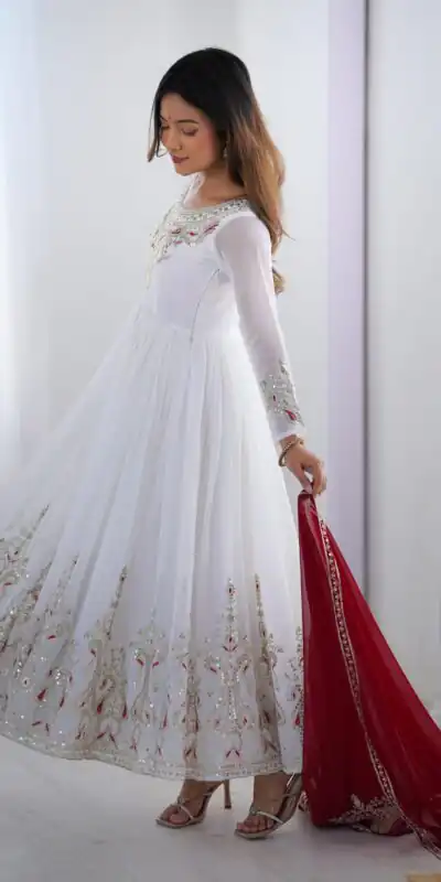 ZF 5008 White Georgette Gown with Embroidery Work. Wedding, Party, Festive, Events, Special Price ₹2049. Delivery 4-6 Working Days. Shop now. | Jump Suits, Salwar suit, Designer Suits, Casual Suits, Creative suits, Palazzo Suits, Party Wear Suits, Patiala Suits, Straight Suits