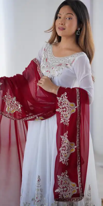 ZF 5008 White Georgette Gown with Embroidery Work. Wedding, Party, Festive, Events, Special Price ₹2049. Delivery 4-6 Working Days. Shop now. | Jump Suits, Salwar suit, Designer Suits, Casual Suits, Creative suits, Palazzo Suits, Party Wear Suits, Patiala Suits, Straight Suits