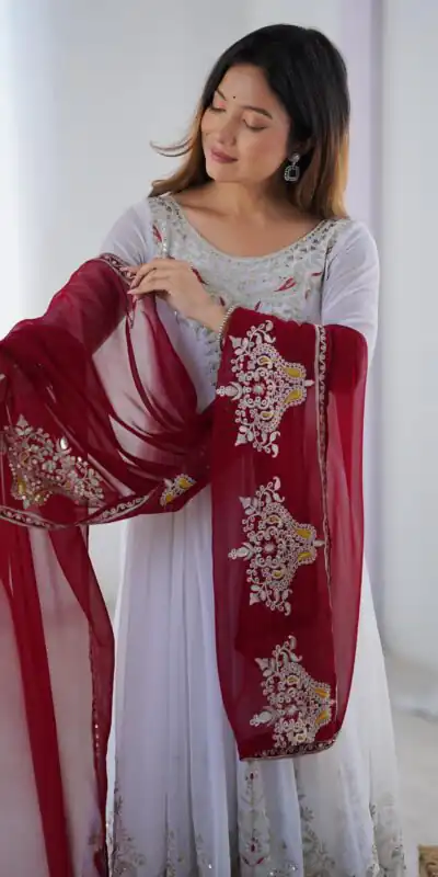 ZF 5008 White Georgette Gown with Embroidery Work. Wedding, Party, Festive, Events, Special Price ₹2049. Delivery 4-6 Working Days. Shop now. | Jump Suits, Salwar suit, Designer Suits, Casual Suits, Creative suits, Palazzo Suits, Party Wear Suits, Patiala Suits, Straight Suits