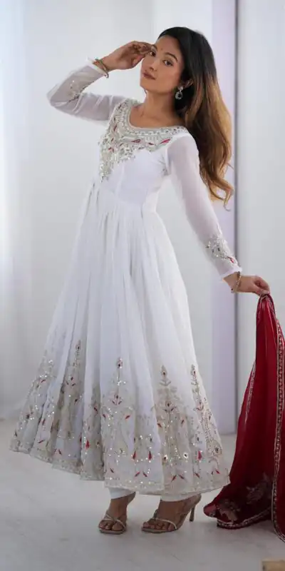 ZF 5008 White Georgette Gown with Embroidery Work. Wedding, Party, Festive, Events, Special Price ₹2049. Delivery 4-6 Working Days. Shop now. | Jump Suits, Salwar suit, Designer Suits, Casual Suits, Creative suits, Palazzo Suits, Party Wear Suits, Patiala Suits, Straight Suits