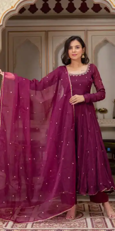 ZSR 3148 Wine Fox Georgette Gown Perfect for Wedding, Party, Traditional Day, Diwali, Anniversary – . Introductory Price ₹1949. Delivery 4-6 Working Days | Gowns, Bollywood Gowns, Creative Gowns, Designer Gowns, Embroidered Gowns, Party Wear Gowns