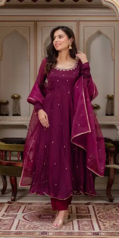 ZSR 3148 Wine Fox Georgette Gown Perfect for Wedding, Party, Traditional Day, Diwali, Anniversary – . Introductory Price ₹1949. Delivery 4-6 Working Days | Gowns, Bollywood Gowns, Creative Gowns, Designer Gowns, Embroidered Gowns, Party Wear Gowns