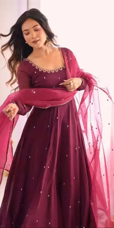 ZSR 3148 Wine Fox Georgette Gown Perfect for Wedding, Party, Traditional Day, Diwali, Anniversary – . Introductory Price ₹1949. Delivery 4-6 Working Days | Gowns, Bollywood Gowns, Creative Gowns, Designer Gowns, Embroidered Gowns, Party Wear Gowns