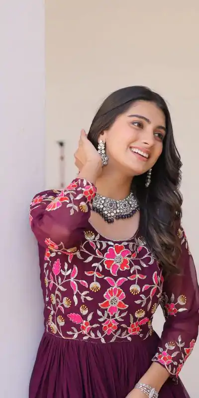 Ram 082 Wine Fox Georgette Gown Perfect for Wedding, Party, Sangeet, Durga Puja, Reception – . Grab it for ₹1849. Delivery 4-6 Working Days. Shop now. | Jump Suits, Salwar suit, Designer Suits, Casual Suits, Creative suits, Palazzo Suits, Party Wear Suits, Patiala Suits, Straight Suits