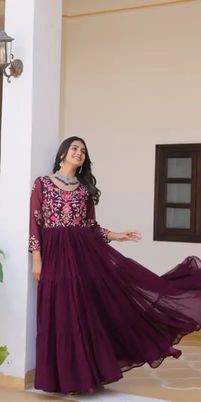 Ram 082 Wine Fox Georgette Gown Perfect for Wedding, Party, Sangeet, Durga Puja, Reception – . Grab it for ₹1849. Delivery 4-6 Working Days. Shop now. | Jump Suits, Salwar suit, Designer Suits, Casual Suits, Creative suits, Palazzo Suits, Party Wear Suits, Patiala Suits, Straight Suits