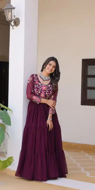 Ram 082 Wine Fox Georgette Gown Perfect for Wedding, Party, Sangeet, Durga Puja, Reception – . Grab it for ₹1849. Delivery 4-6 Working Days. Shop now. | Jump Suits, Salwar suit, Designer Suits, Casual Suits, Creative suits, Palazzo Suits, Party Wear Suits, Patiala Suits, Straight Suits