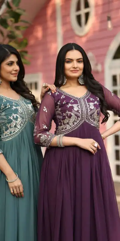 Ram 089 Wine Fox Georgette Gown with Designer Work. Wedding, Party, Festive, Events Introductory Price ₹1749. Delivery 4-6 Working Days. Shop now. | Jump Suits, Salwar suit, Designer Suits, Casual Suits, Creative suits, Palazzo Suits, Party Wear Suits, Patiala Suits, Straight Suits