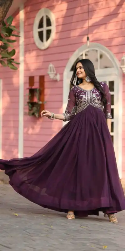 Ram 089 Wine Fox Georgette Gown with Designer Work. Wedding, Party, Festive, Events Introductory Price ₹1749. Delivery 4-6 Working Days. Shop now. | Jump Suits, Salwar suit, Designer Suits, Casual Suits, Creative suits, Palazzo Suits, Party Wear Suits, Patiala Suits, Straight Suits