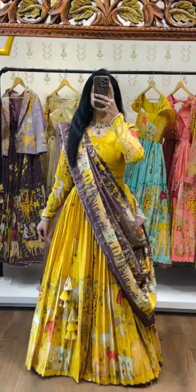 PC 539 Yellow Color Cotton Lehenga Choli with Kalamkari Print. Exclusive Offer ₹2049. Delivery 4-6 Working Days. Shop now. | Lehenga, Bollywood Lehenga, Creative Lehenga, Designer Lehenga, Embroidered Lehenga, Party Wear Lehenga