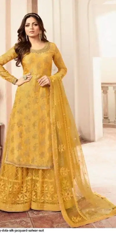 FC L.t 5401 Yellow Color Jacquard Silk Georgette Diamond Sharara Suit Wedding, Party, Festive Expected Delivery 4-6 Working Days  @2999/- | Designer Suits, Jump Suits, Salwar suit, Casual Suits, Creative suits, Palazzo Suits, Party Wear Suits, Patiala Suits, Straight Suits
