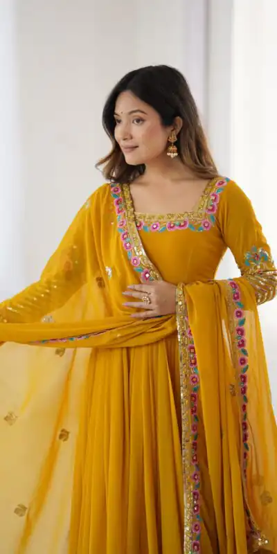 ZF 5010 Yellow Georgette Gown Perfect for Wedding, Party, Pooja, Ethnic Day, Karwa Chauth – . Best Price ₹2049. Delivery 4-6 Working Days. Shop now. | Jump Suits, Salwar suit, Designer Suits, Casual Suits, Creative suits, Palazzo Suits, Party Wear Suits, Patiala Suits, Straight Suits