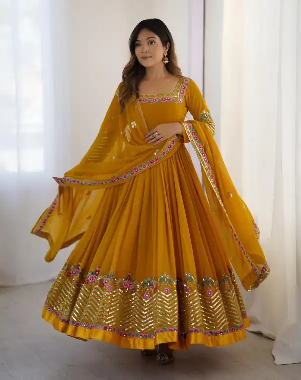 ZF 5010 Yellow Georgette Gown Perfect for Wedding, Party, Pooja, Ethnic Day, Karwa Chauth – . Best Price ₹2049. Delivery 4-6 Working Days. Shop now. | Jump Suits, Salwar suit, Designer Suits, Casual Suits, Creative suits, Palazzo Suits, Party Wear Suits, Patiala Suits, Straight Suits