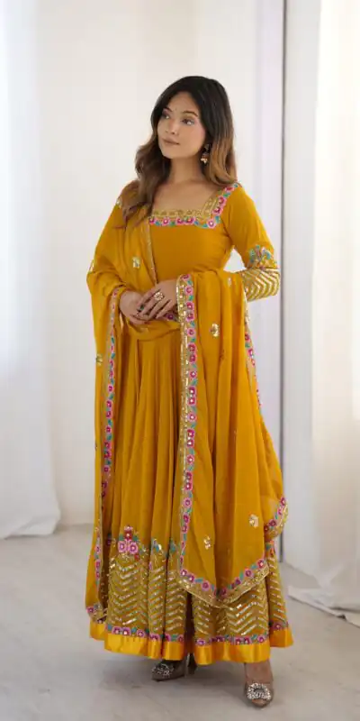 ZF 5010 Yellow Georgette Gown Perfect for Wedding, Party, Pooja, Ethnic Day, Karwa Chauth – . Best Price ₹2049. Delivery 4-6 Working Days. Shop now. | Jump Suits, Salwar suit, Designer Suits, Casual Suits, Creative suits, Palazzo Suits, Party Wear Suits, Patiala Suits, Straight Suits