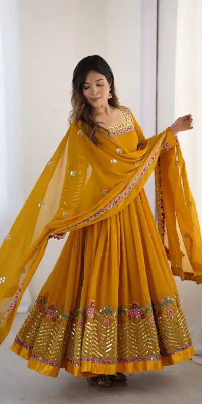 ZF 5010 Yellow Georgette Gown Perfect for Wedding, Party, Pooja, Ethnic Day, Karwa Chauth – . Best Price ₹2049. Delivery 4-6 Working Days. Shop now. | Jump Suits, Salwar suit, Designer Suits, Casual Suits, Creative suits, Palazzo Suits, Party Wear Suits, Patiala Suits, Straight Suits
