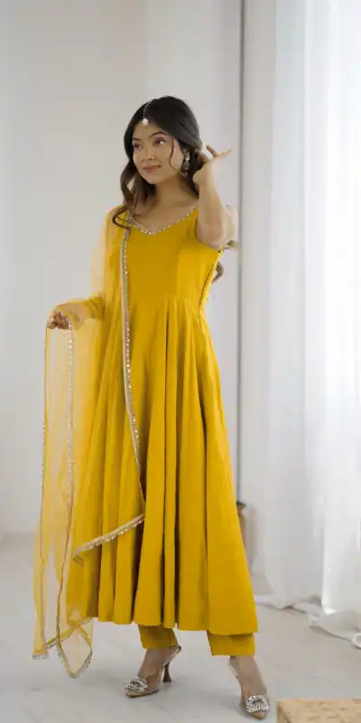 KB 285 Yellow in Roman Silk Chanderi Mirror Work & Lace Work Gown . Best Price ₹1929. Delivery 4-6 Working Days. Shop now. | Jump Suits, Salwar suit, Designer Suits, Casual Suits, Creative suits, Palazzo Suits, Party Wear Suits, Patiala Suits, Straight Suits
