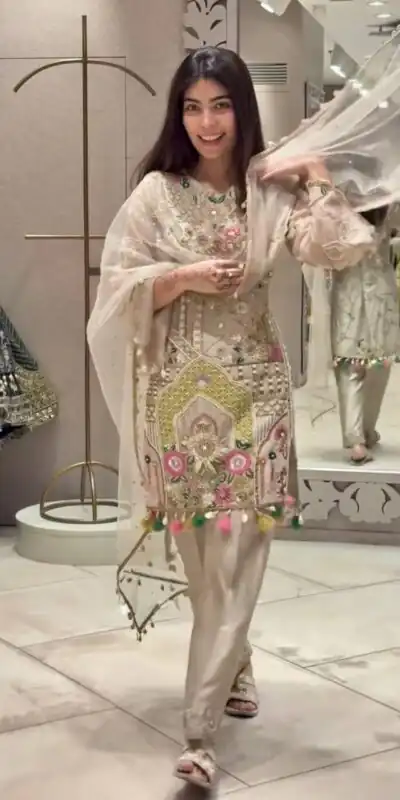 Cream Faux Georgette With Mirror Work Salwar Suit