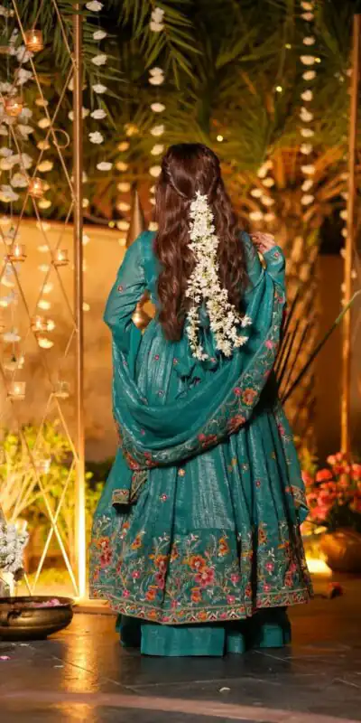 NSR 880 Firozi Crunchy Silk Gown with Embroidery Work. Wedding, Party, Festive, Events Grab it for ₹2249. Delivery 4-6 Working Days. Shop now. | Gowns, Bollywood Gowns, Creative Gowns, Designer Gowns, Embroidered Gowns, Party Wear Gowns