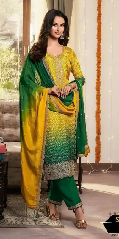 MF 1004 Green Chinoon Silk Salwar Suit with Embroidery Work. Available at ₹1749 only. Delivery 4-6 Working Days. Shop now. | Jump Suits, Tops & Bottoms, Track Suits, Trendy Wear, Salwar suit, Designer Suits, Casual Suits, Creative suits, Palazzo Suits, Party Wear Suits, Patiala Suits, Straight Suits