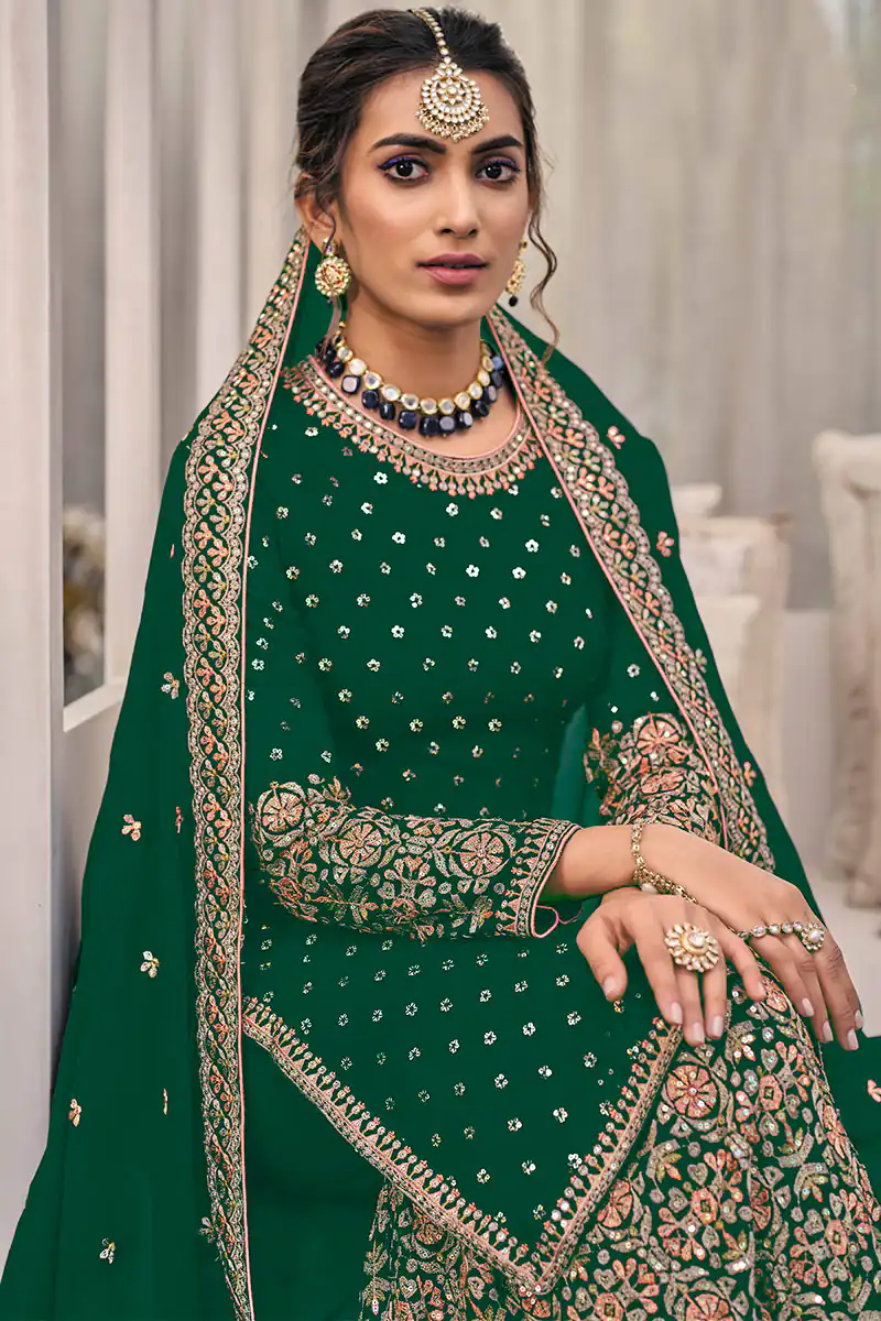 FC 1448 Green Georgette Salwar Suit with Embroidery Work & Lace Work. Exclusive Offer ₹2599. Delivery 4-6 Working Days. Shop now. | Jump Suits, Tops & Bottoms, Track Suits, Trendy Wear, Salwar suit, Designer Suits, Casual Suits, Creative suits, Palazzo Suits, Party Wear Suits, Patiala Suits, Straight Suits
