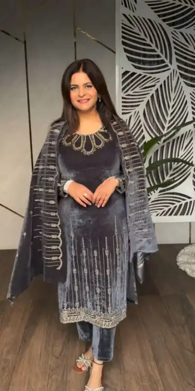 SRK 5211 Grey in Viscose Velvet Embroidery Work & Lace Work Salwar Suit . Grab it for ₹1999. Delivery 4-6 Working Days. Shop now. | Jump Suits, Tops & Bottoms, Track Suits, Trendy Wear, Salwar suit, Designer Suits, Casual Suits, Creative suits, Palazzo Suits, Party Wear Suits, Patiala Suits, Straight Suits