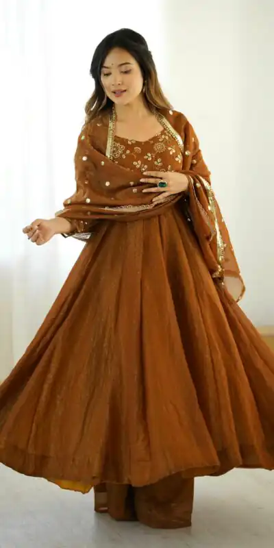 SRK 5290 Mustered Crunchy Silk Gown Perfect for Wedding, Party, Pongal, Traditional Day, Reception Get it for ₹1999. Delivery 4-6 Working Days. Shop now. | Gowns, Bollywood Gowns, Creative Gowns, Designer Gowns, Embroidered Gowns, Party Wear Gowns