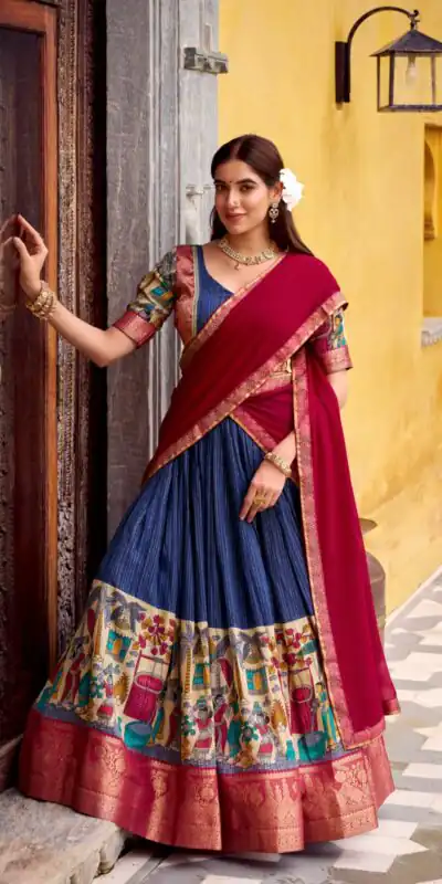 LNB 1242 Navy Blue Color Poly Chanderi Kalamkari Printed Weaving Work Lehenga Choli Wedding, Party, Festive, Events Etc. Delivery 4-6 Working Days Rs 1899 | Lehenga, Bollywood Lehenga, Creative Lehenga, Designer Lehenga, Embroidered Lehenga, Party Wear Lehenga