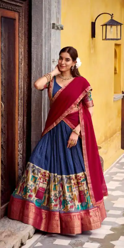 LNB 1242 Navy Blue Color Poly Chanderi Kalamkari Printed Weaving Work Lehenga Choli Wedding, Party, Festive, Events Etc. Delivery 4-6 Working Days Rs 1899 | Lehenga, Bollywood Lehenga, Creative Lehenga, Designer Lehenga, Embroidered Lehenga, Party Wear Lehenga