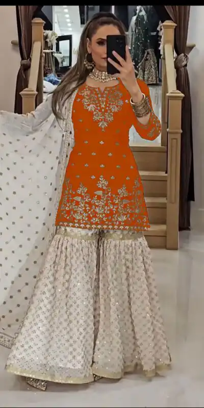 VLM 264 Orange in Fox Georgette Embroidery Work & Lace Work Salwar Suit . Best Price ₹2399. Delivery 4-6 Working Days. Shop now. | Jump Suits, Tops & Bottoms, Track Suits, Trendy Wear, Salwar suit, Designer Suits, Casual Suits, Creative suits, Palazzo Suits, Party Wear Suits, Patiala Suits, Straight Suits