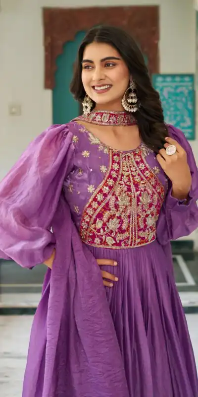 Ram 146 Purple Fendy Silk Gown With Embroidery Work. Special Price ₹2049. Wedding, Party, Festive, Events, Delivery 4-6 Working Days. Shop now. | Gowns, Bollywood Gowns, Creative Gowns, Designer Gowns, Embroidered Gowns, Party Wear Gowns