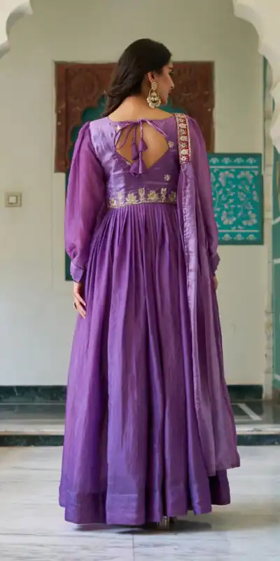 Ram 146 Purple Fendy Silk Gown With Embroidery Work. Special Price ₹2049. Wedding, Party, Festive, Events, Delivery 4-6 Working Days. Shop now. | Gowns, Bollywood Gowns, Creative Gowns, Designer Gowns, Embroidered Gowns, Party Wear Gowns