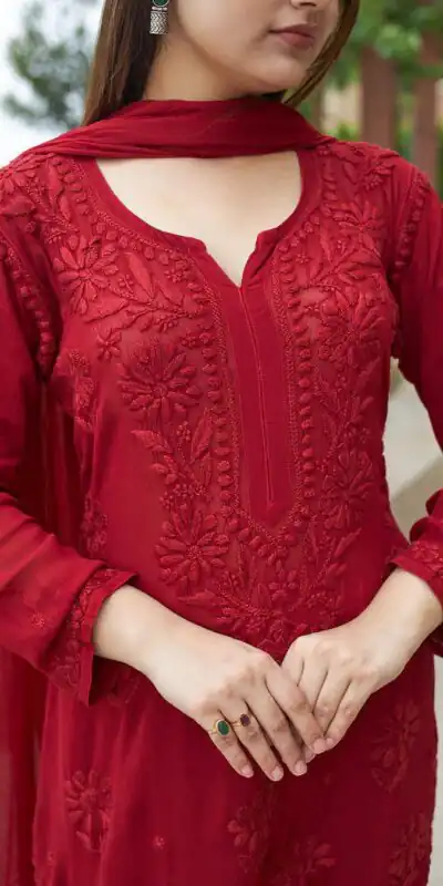 BE 370 Red Faux Georgette Salwar Suit with Lace Work & Embroidery Work. Festive Deal ₹1949. Delivery 4-6 Working Days. Shop now. | Jump Suits, Salwar suit, Designer Suits, Casual Suits, Creative suits, Palazzo Suits, Party Wear Suits, Patiala Suits, Straight Suits