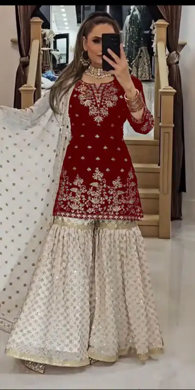 VLM 264 Red in Fox Georgette Embroidery Work & Lace Work Salwar Suit . Best Price ₹2399. Delivery 4-6 Working Days. Shop now. | Jump Suits, Tops & Bottoms, Track Suits, Trendy Wear, Salwar suit, Designer Suits, Casual Suits, Creative suits, Palazzo Suits, Party Wear Suits, Patiala Suits, Straight Suits